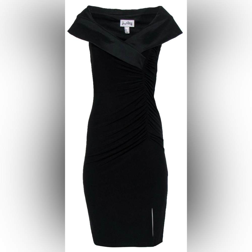 Joseph Ribkoff Sleeveless Black Cocktail Dress w Draped Shawl Collar & Ruching